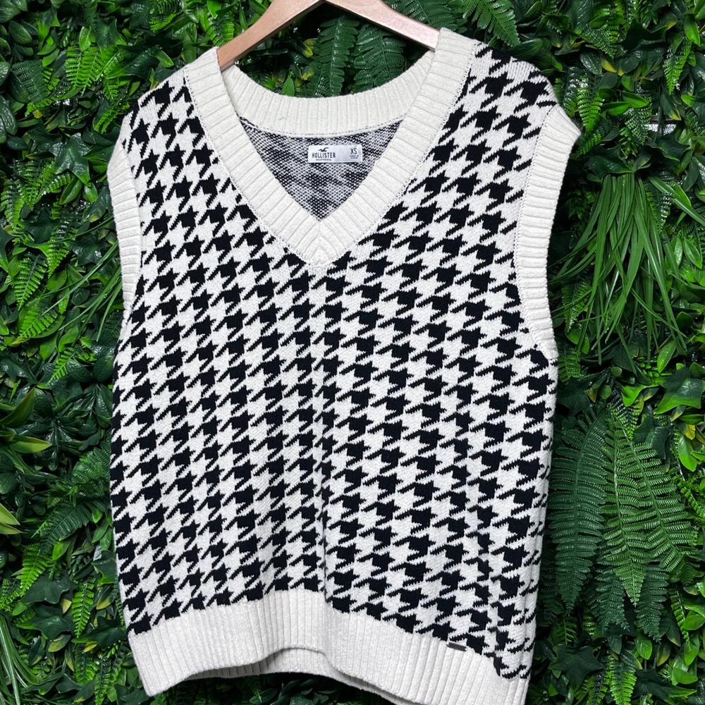 Hollister Vest‎ XS Black White Women Oversized Houndstooth Sweater V-Neck 3871
